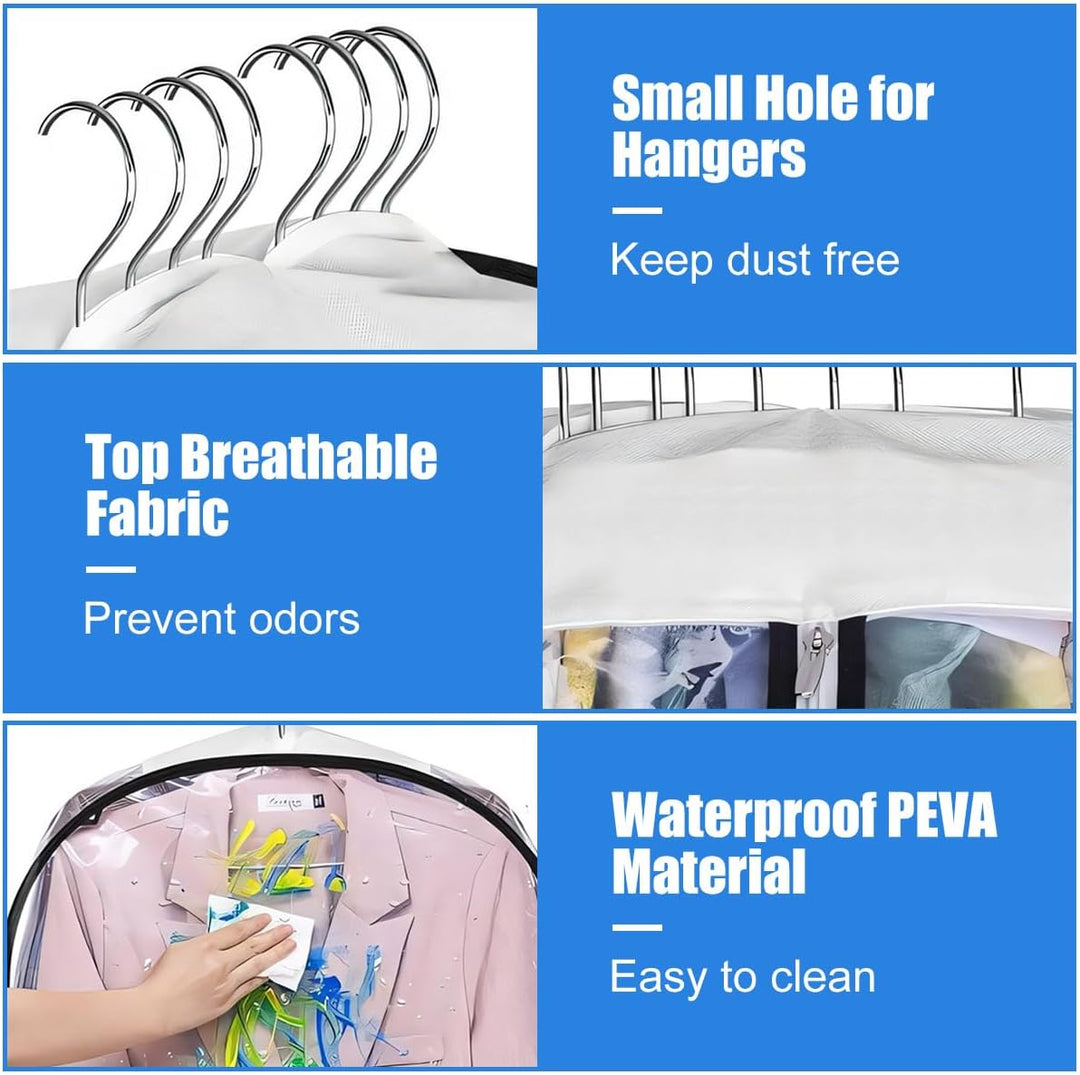Zes transparante kledinghoezen, stof- en waterafstotend, met zijrits voor optimale kledingopslag.