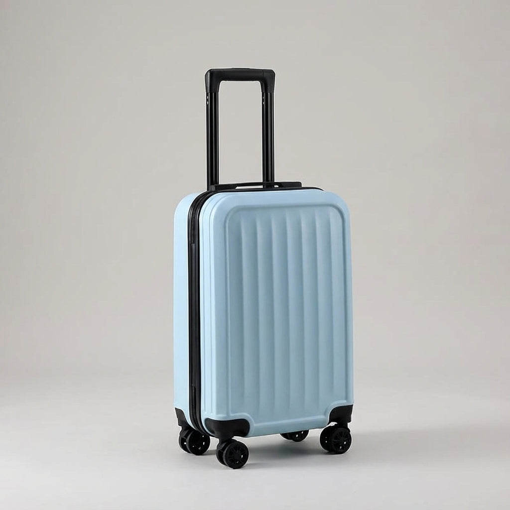 Stijlvolle zwarte geribbelde trolley koffer met combinatieslot, ideaal voor reizen.