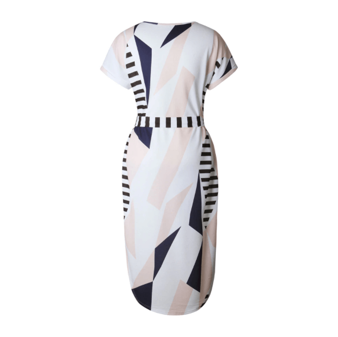 Veelzijdige asymmetrische dames midi-jurk met trendy patroon, V-hals en flatterende tailleriem.
