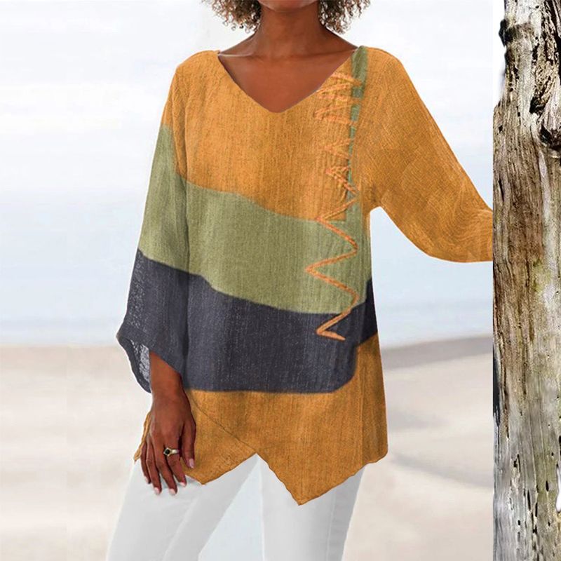 Relaxte pasvorm dames colorblock top met lange mouwen, perfect voor casual mode in de lente en herfst.