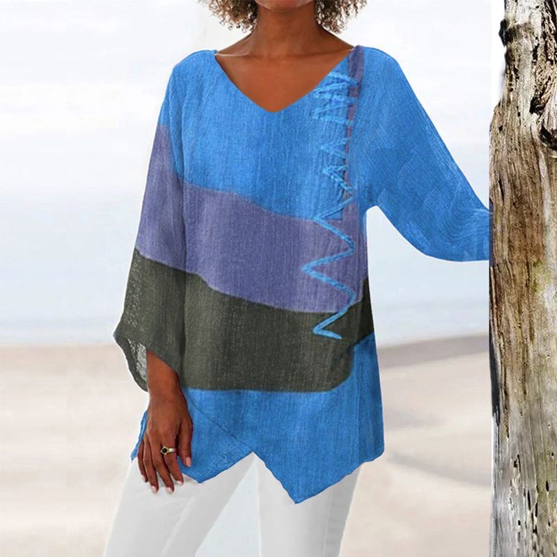 Stijlvolle colorblock damesblouse met lange mouwen en trendy V-hals, een must-have voor elke vrouw.