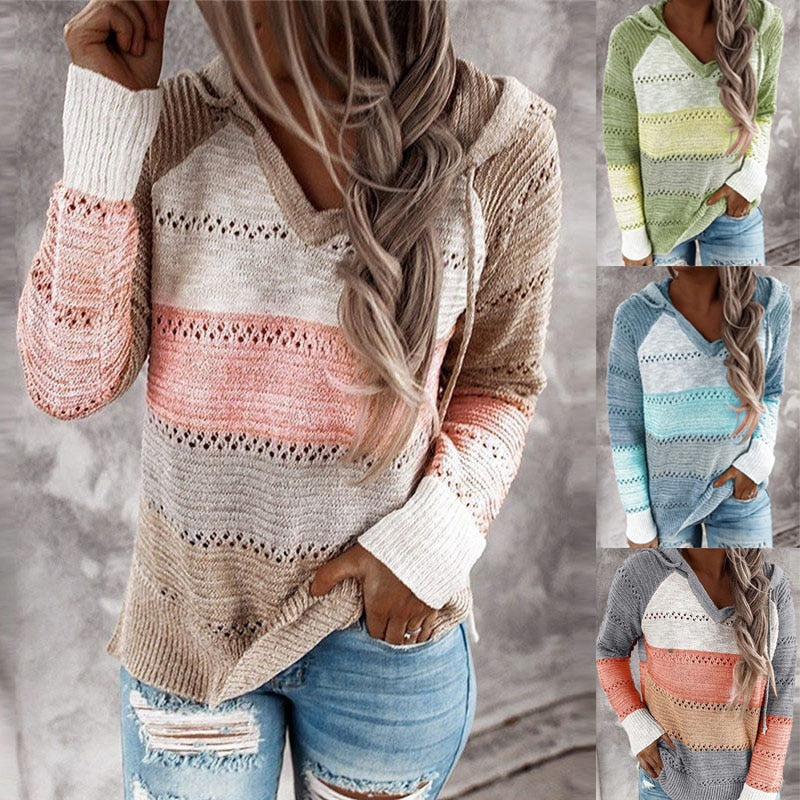 Trendy dames patchwork sweater met capuchon, comfortabel en modieus voor casual look.