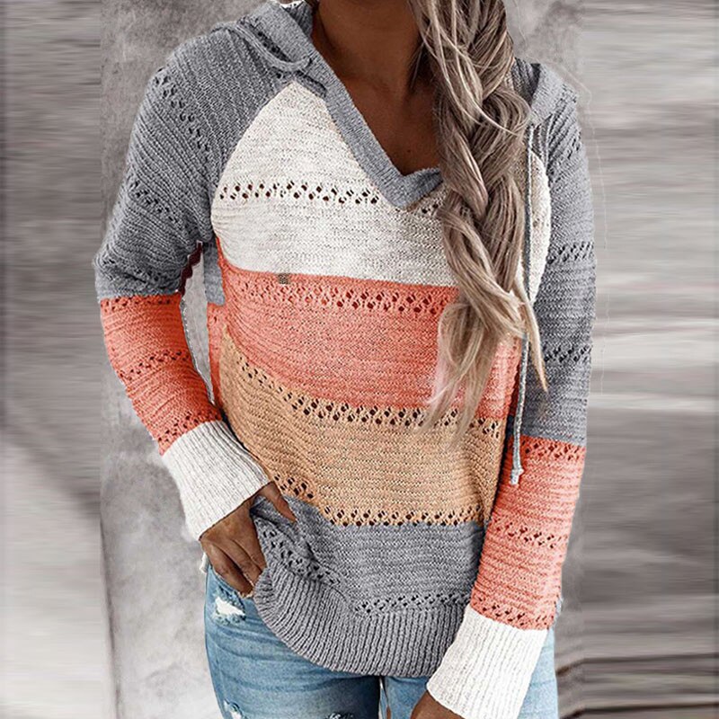 Modieuze vrouwen trui met patchwork, capuchon en losse pasvorm, ideaal voor elke dag.