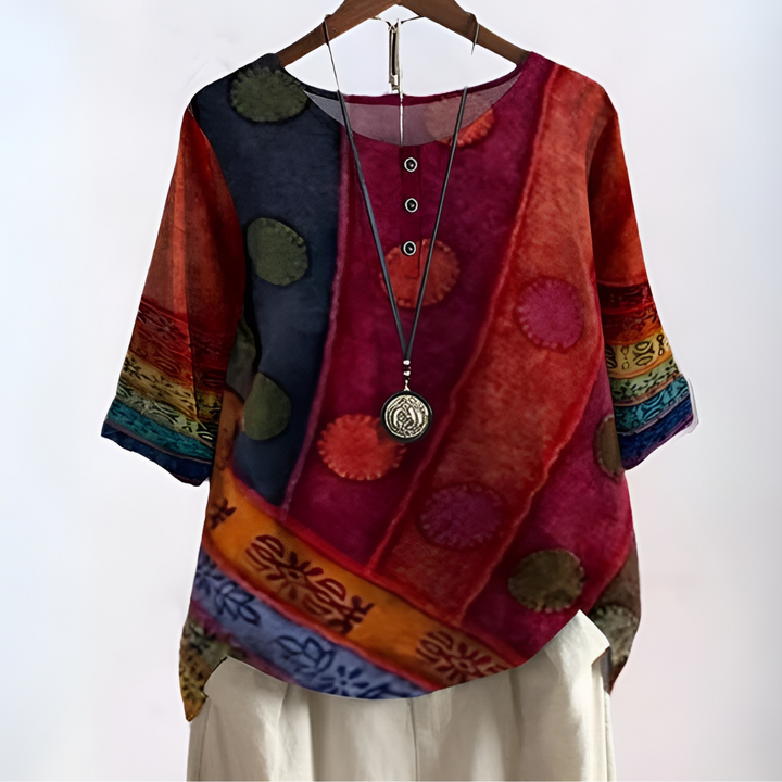 Trendy damesblouse met stijlvolle print en comfortabele driekwartmouwen, perfect voor een casual look.