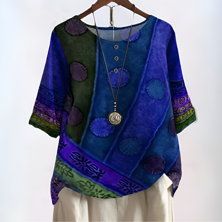 Stijlvolle printblouse voor dames, met moderne print en driekwartmouwen, een must-have voor vrouwenkleding.