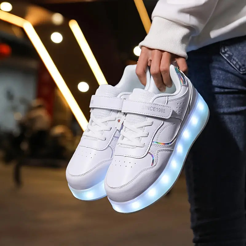 Jongen showt zijn coole GlideGlow rolschoenen; perfecte sneakers die snel veranderen in skate-rolschoenen.