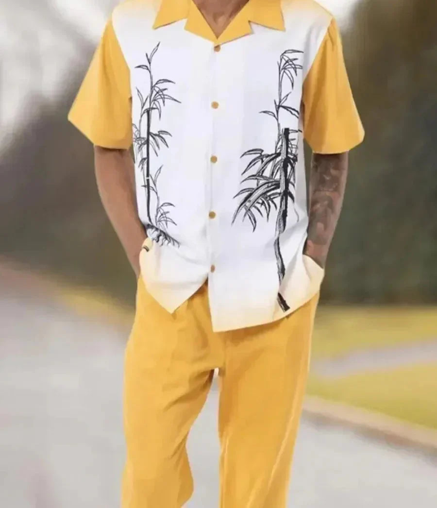 Heren tweedelige set met Harajuku 3D print. Een trendy streetwear zomeroutfit met reverskraag voor festivals.