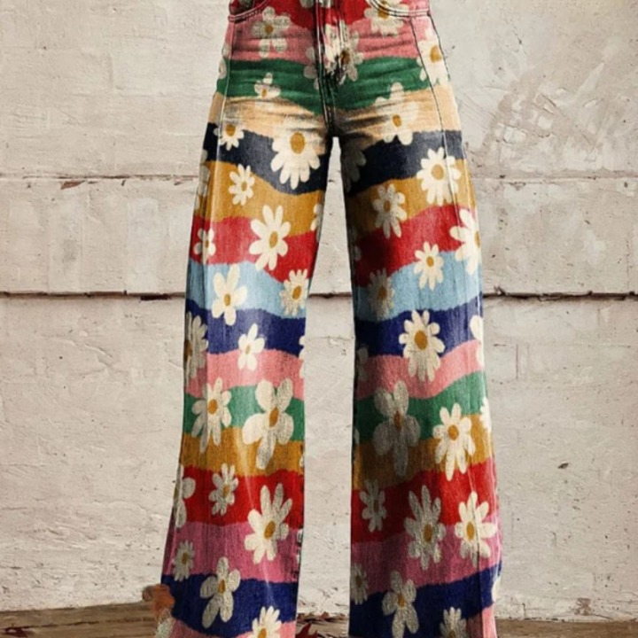 Trendy retro dames flared broek met bloemenprint en hoge taille; comfortabel en modieus voor lente/zomer.
