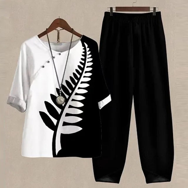 Trendy dames LenaDuo outfit: tweedelige set met top en broek/rok, comfortabel en stijlvol voor lente en zomer.