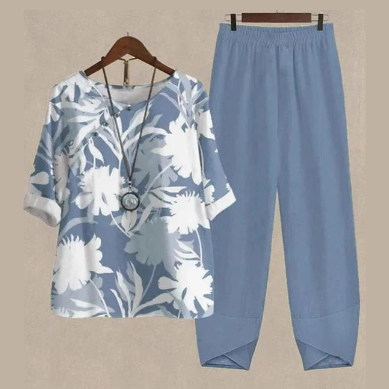 Lichte en ademende LenaDuo lente/zomer set voor dames, tweedelig en elegant, perfect voor warme dagen en avonden.