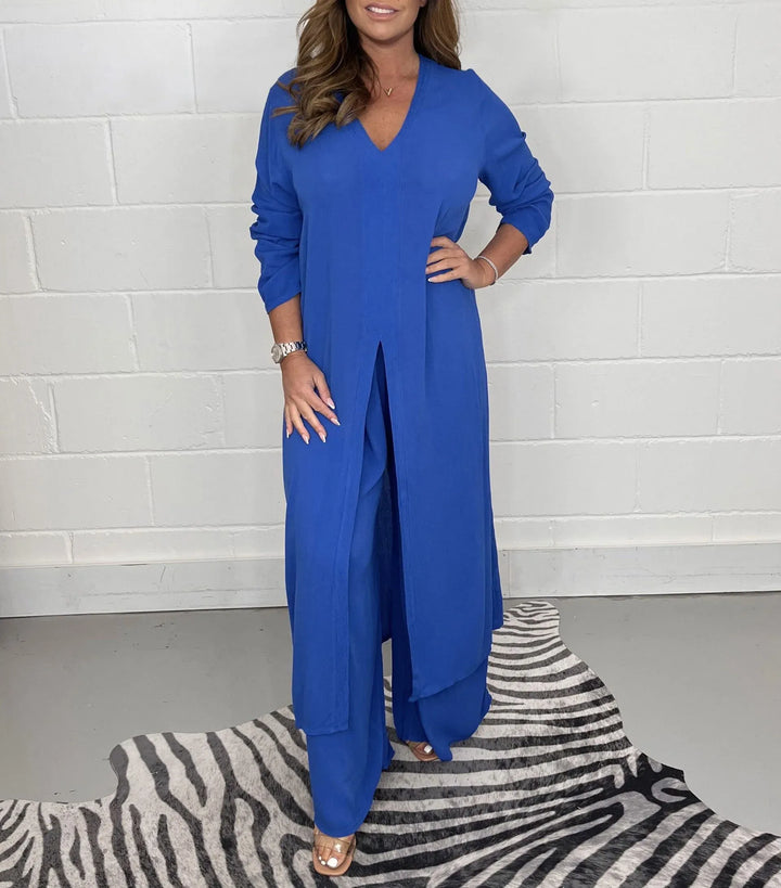 Luchtige dames vrijetijds set met wijde broek en trendy blouse, comfortabel voor de zomer.