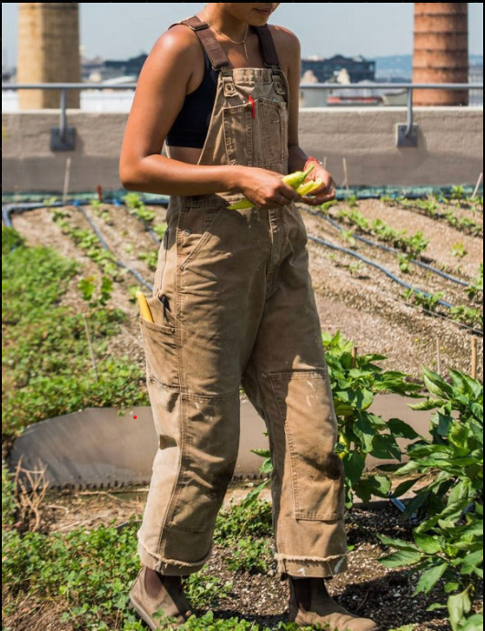 Herbruikbare tuinbroek in een neutrale kleur, met verstelbare banden en praktische zakken, ideaal voor tuinwerk en dagelijks gebruik.