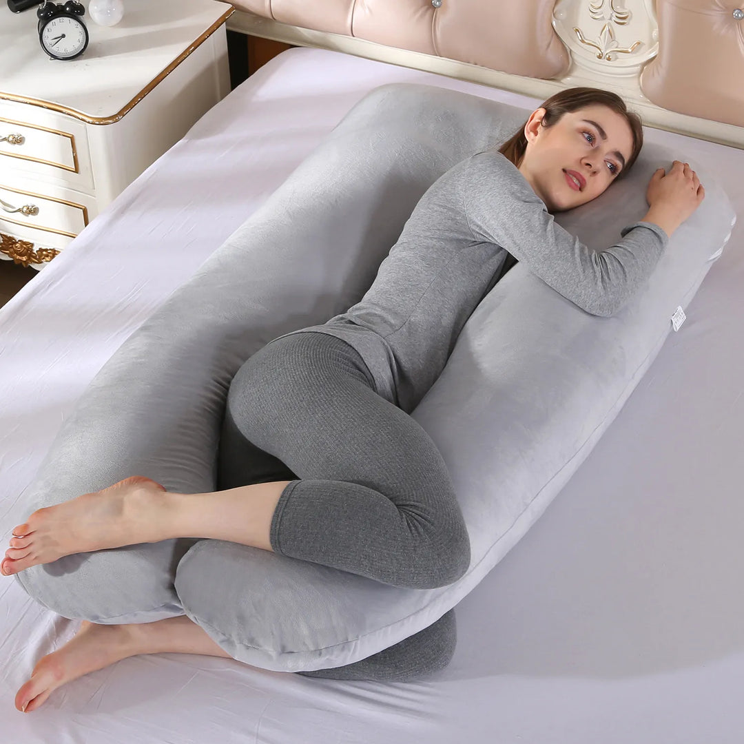 Zwangerschapskussen met luxe koraal fleece hoes, U-vormig, voor ultiem comfort en ondersteuning van de buik en rug.