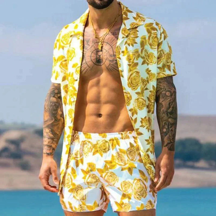 Stofdetails van de heren vakantie-outfit