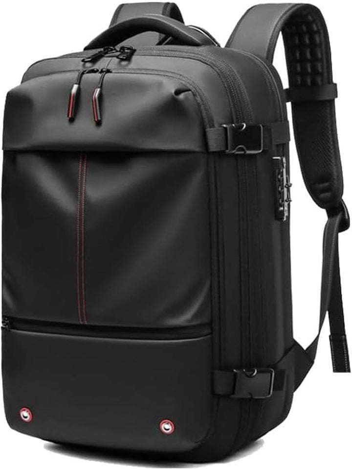 Binnenkant van de laptoprugzak met georganiseerde vakken en beschermend laptopcompartiment, handig voor reizen.