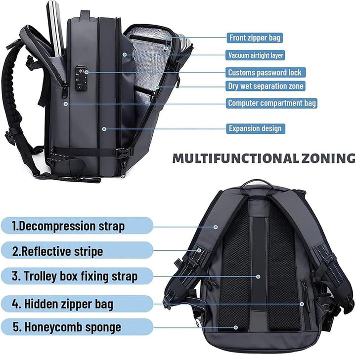 Ergonomische reisrugzak op de rug van een reiziger, toont comfort en functionaliteit voor lange afstanden en outdoor.