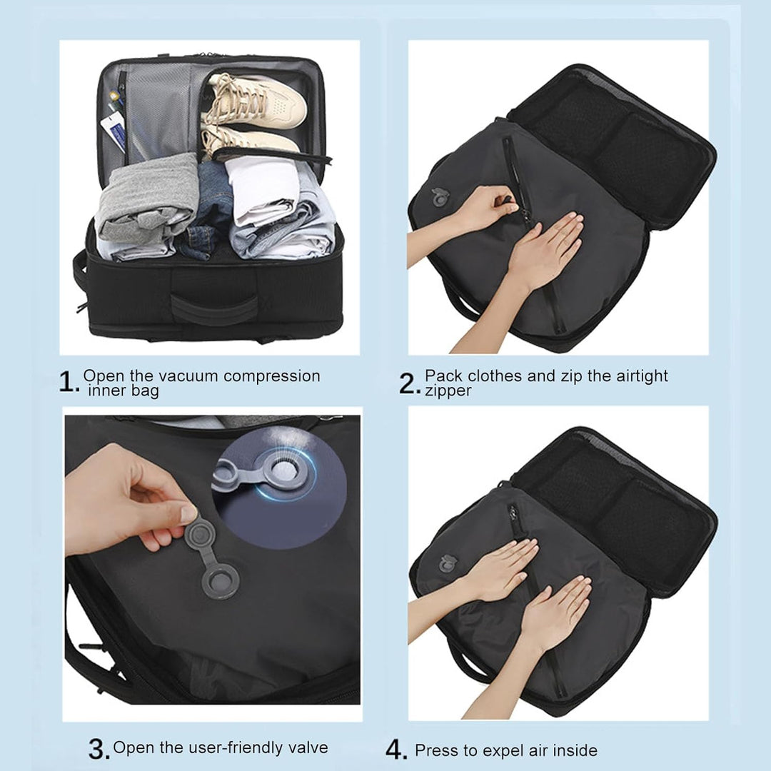 Dravion reisrugzak: slimme vacuüm compressie voor maximale opslag en compacte handbagage.