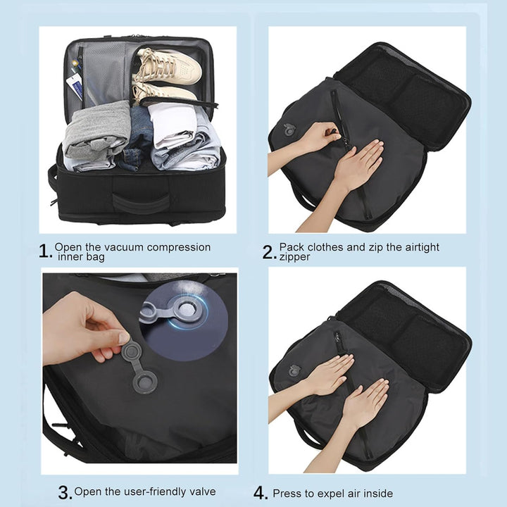 Dravion reisrugzak: slimme vacuüm compressie voor maximale opslag en compacte handbagage.