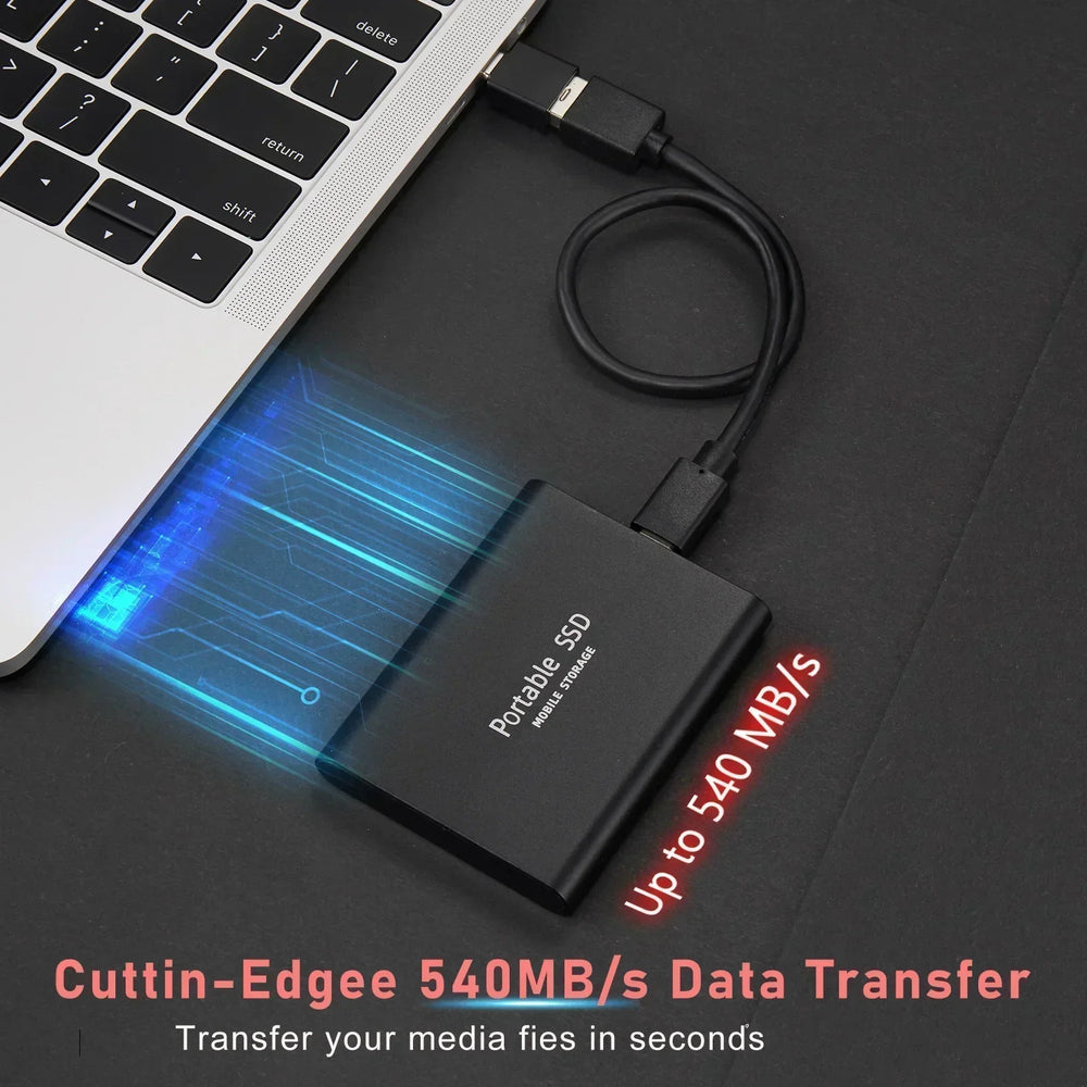 Compacte, draagbare SpeedDrive Pro externe SSD Type-C voor snelle uitbreiding van opslagruimte op laptops.