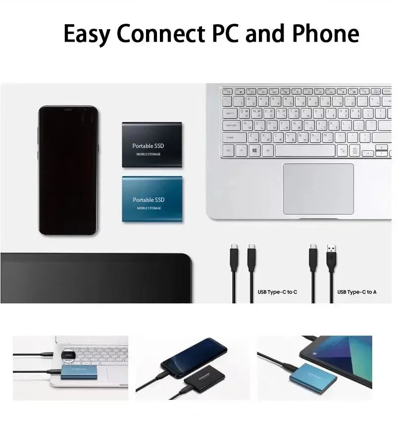 De SpeedDrive Pro 2TB externe SSD naast een laptop, demonstreert zijn compacte formaat en connectiviteit.