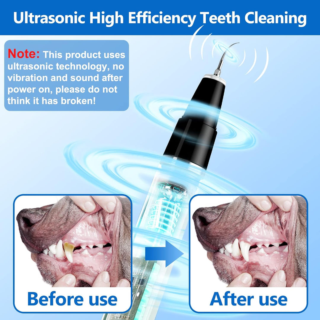 Complete gebitsreinigingsset voor huisdieren: ultrasone plaque verwijderaar met diverse opzetstukken en USB oplader.