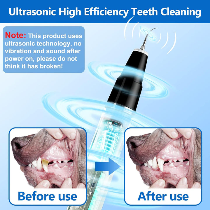Complete gebitsreinigingsset voor huisdieren: ultrasone plaque verwijderaar met diverse opzetstukken en USB oplader.