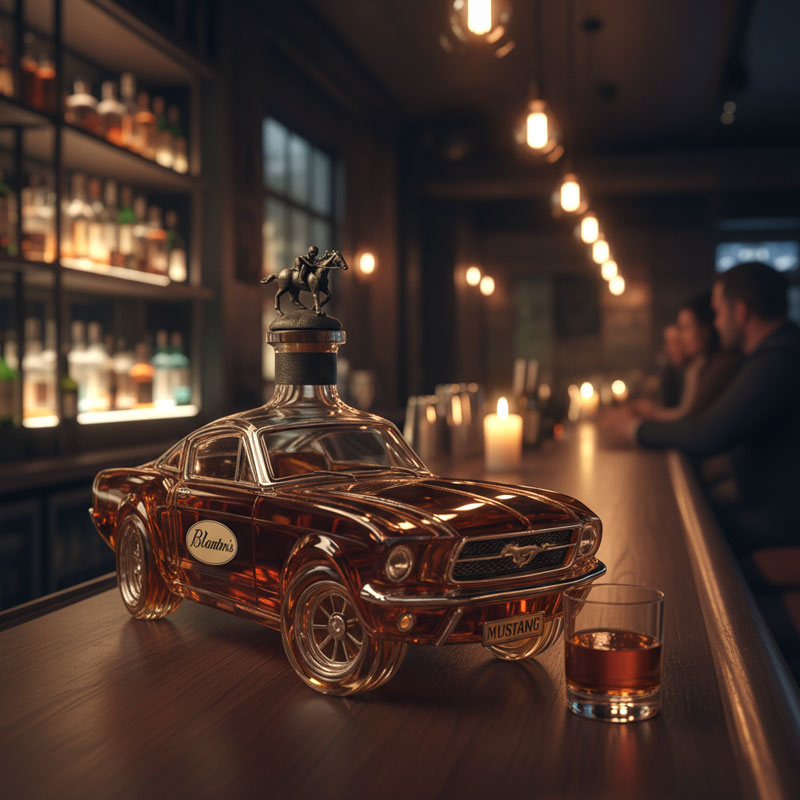 Luxe handgemaakte whiskey decanteur van glas met gedetailleerd sportauto ontwerp. Ideale baraccessoire.