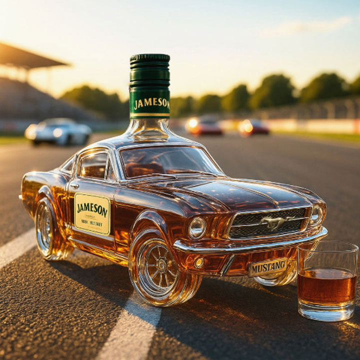 Handgemaakte glazen whiskey decanteur in de vorm van een sportauto. Een uniek en stijlvol cadeau voor hem.