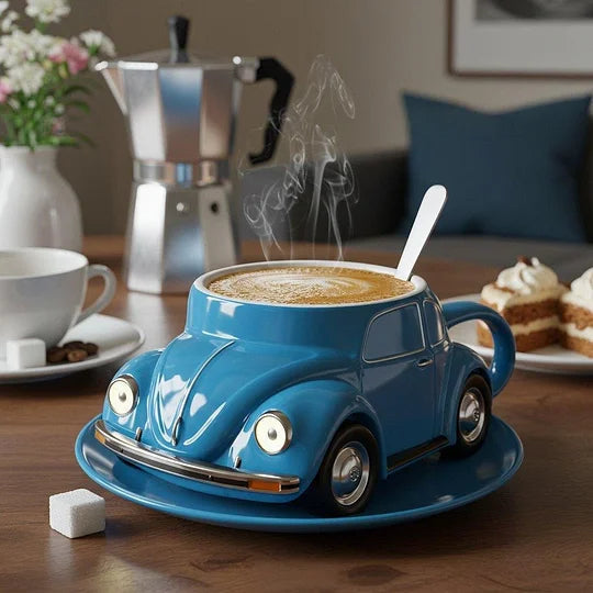 Vintage theemok van keramiek met opvallend 3D retro auto motief, 325 ml. Stijlvol keukengerei.