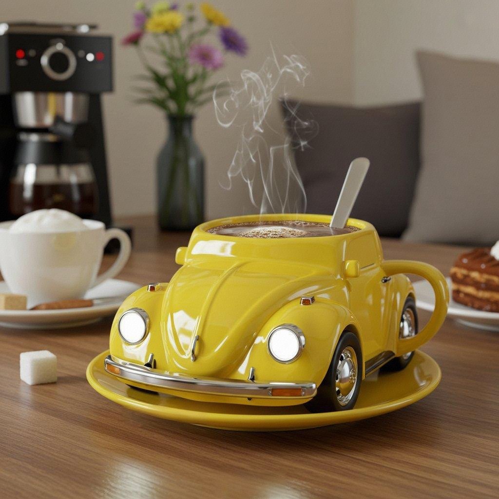 Duurzame keramieken drinkbeker met gedetailleerd 3D retro auto design, 325 ml. Voor koffie of thee.