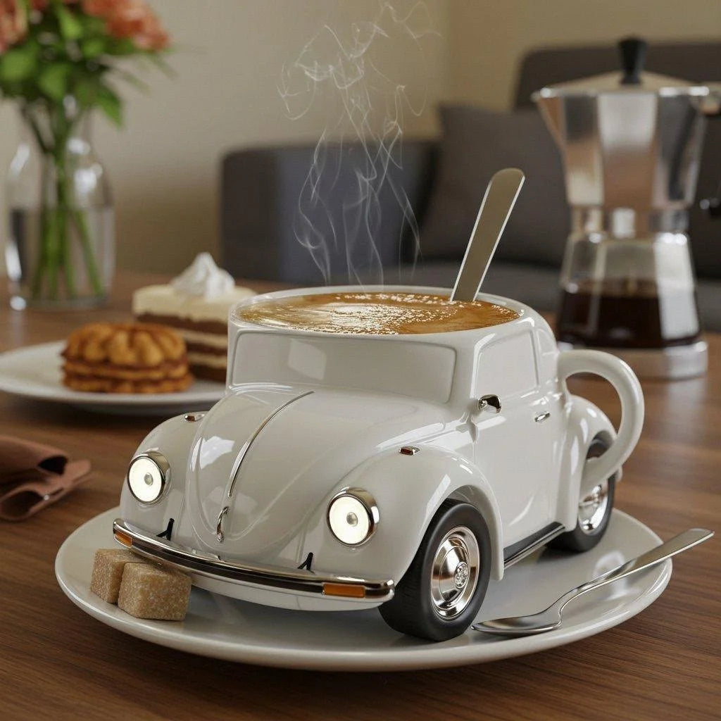 Stijlvolle keramische koffiemok met levendig 3D retro auto design, 325 ml. Geschikt voor dagelijks gebruik.