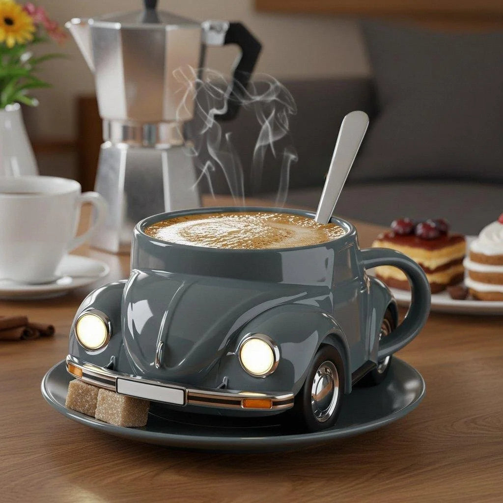 Keramieken drinkbeker met speels 3D retro auto design, 325 ml. Perfect voor koffie, thee of andere dranken.