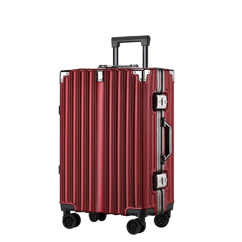Zijkant van uniseks reiskoffer, toont het stevige aluminium frame en de hardshell constructie.