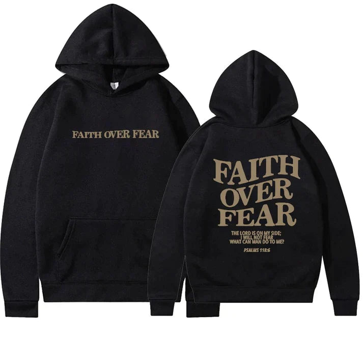 Spiritueel cadeau: uniseks geloof hoodie met 'Geloof Over Angst' en Psalmen 118:6. Comfortabele inspiratie.