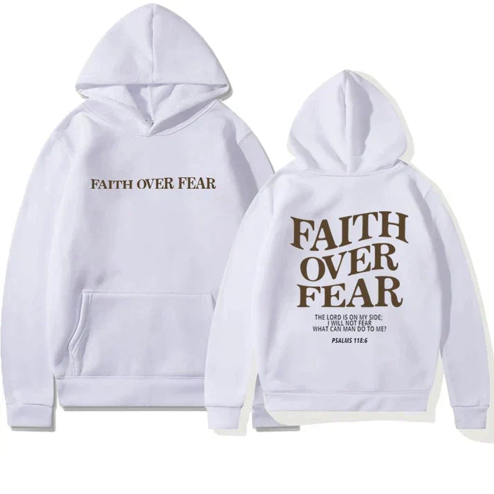 Faithmore uniseks hoodie 'Geloof Over Angst' (Psalmen 118:6). Comfortabele, inspirerende christelijke kleding.