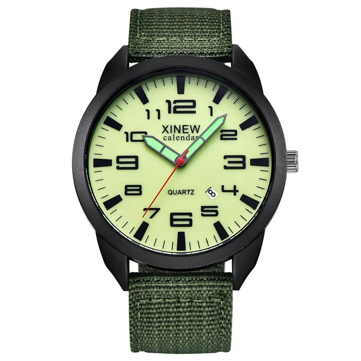 Detailweergave van het moderne Lumo uniseks quartz horloge; helder lichtgevend display en geïntegreerde kalender.