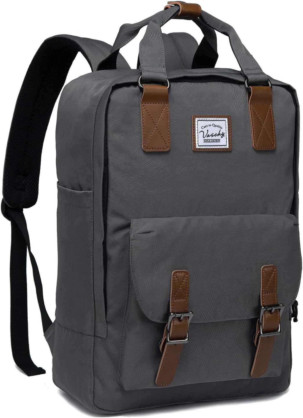 Achterkant van de comfortabele unisex waterdichte vintage laptop rugzak, met gewatteerde schouderbanden.