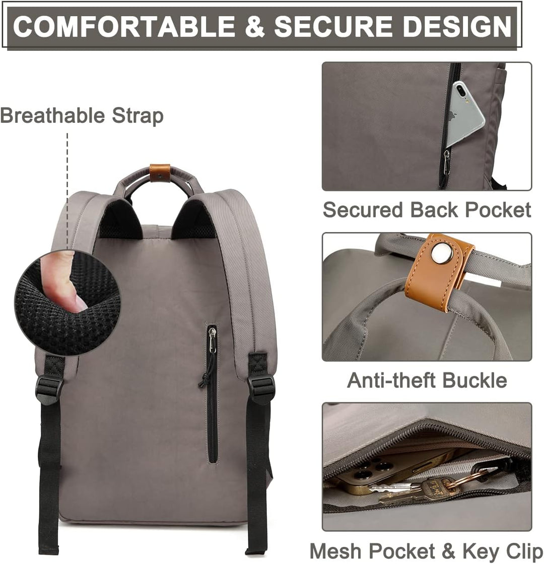 Voorkant van de vintage 15.6 inch waterdichte laptop rugzak met zichtbare organizer en ritsvakken.