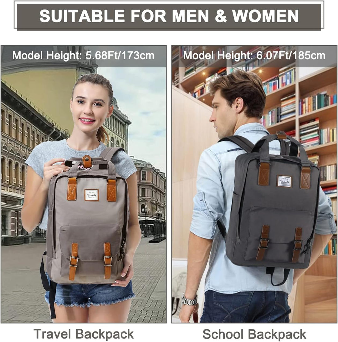 Unisex model draagt de vintage 15.6 inch waterdichte laptop rugzak, perfect voor school of werk.