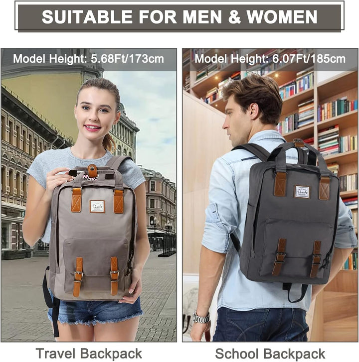 Unisex model draagt de vintage 15.6 inch waterdichte laptop rugzak, perfect voor school of werk.