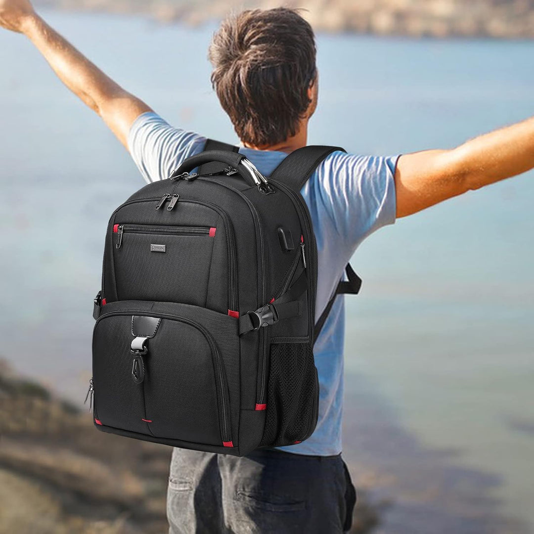 Unisex 50L waterdichte reis laptoprugzak met USB-poort, ideaal voor georganiseerd reizen en bagage.