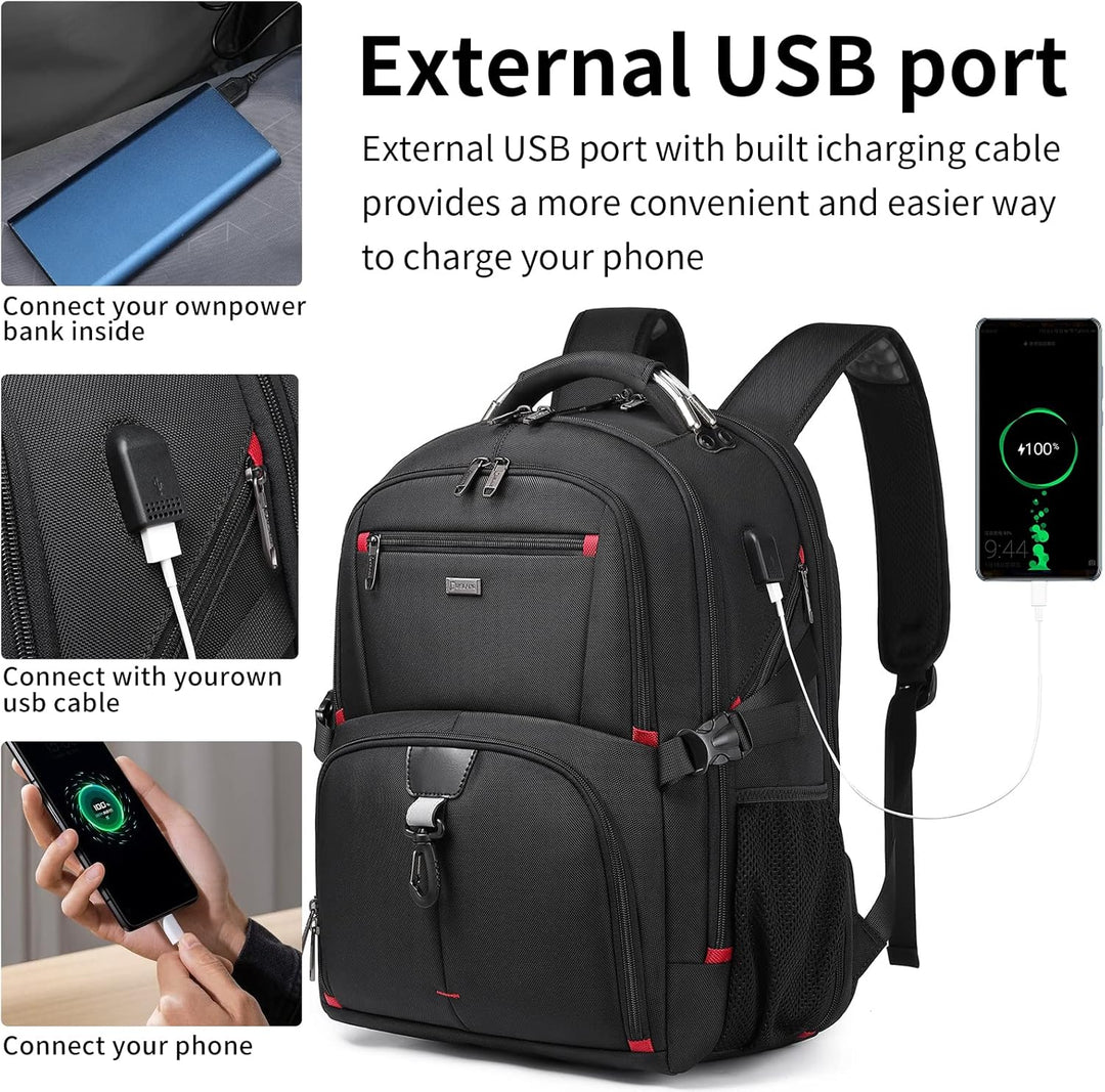 Ruime 50L waterdichte laptoprugzak met USB-poort en meerdere vakken voor georganiseerde reizen.