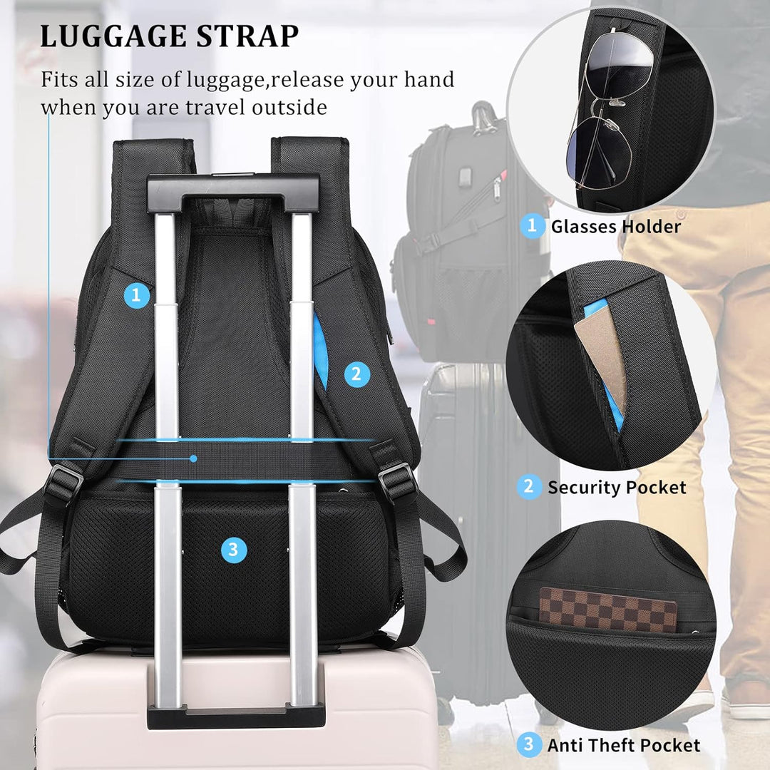 Detail van de 50L reisrugzak: ingebouwde USB-poort en veilig laptopvak voor georganiseerd reizen.
