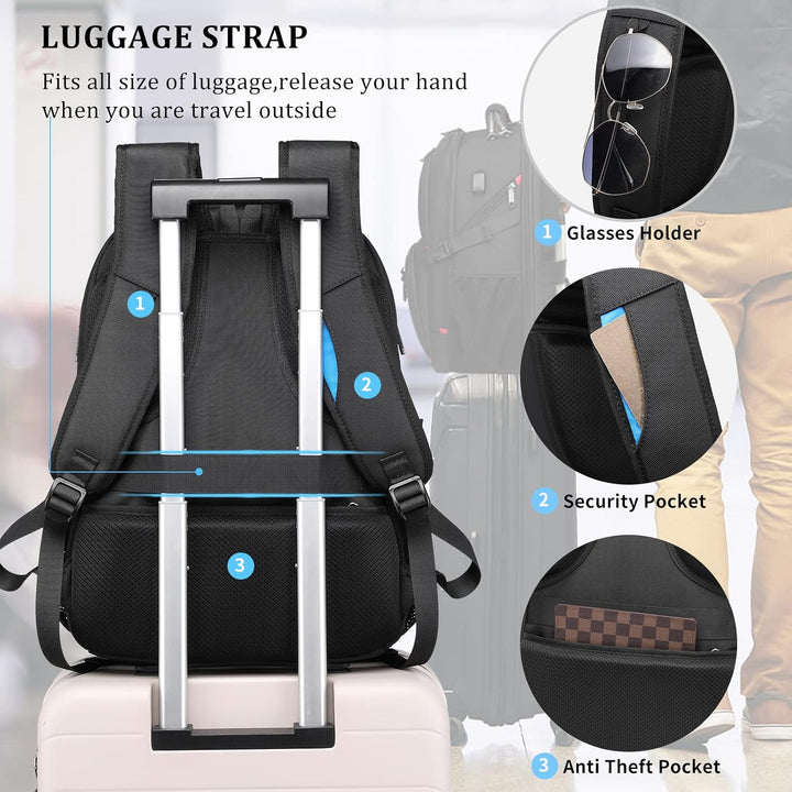 Detail van de 50L reisrugzak: ingebouwde USB-poort en veilig laptopvak voor georganiseerd reizen.