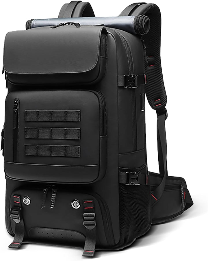 Unisex 50L waterdichte reisrugzak met USB-poort en schoenenvak, ideaal voor reizen en outdoor avonturen.