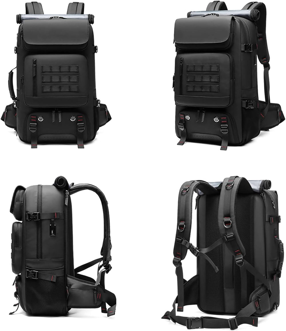Zwarte 50L waterdichte reistas met apart schoenenvak en handige USB-poort, perfect als weekendtas.