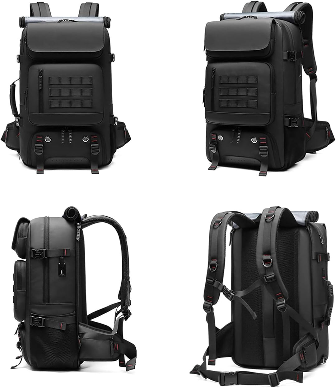 Zwarte 50L waterdichte reistas met apart schoenenvak en handige USB-poort, perfect als weekendtas.