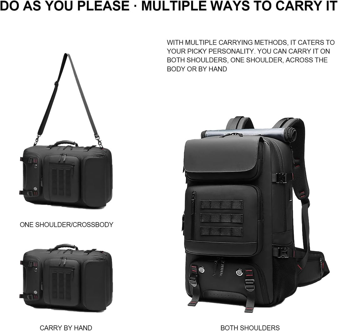 Stijlvolle unisex 50L rugzak, waterdicht, met laptopvak en USB-oplaadpoort, geschikt voor werk en reizen.