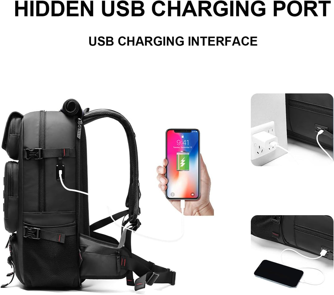 Detail van de 50L waterdichte outdoor rugzak met ruim schoenenvak en externe USB-aansluiting voor je telefoon.