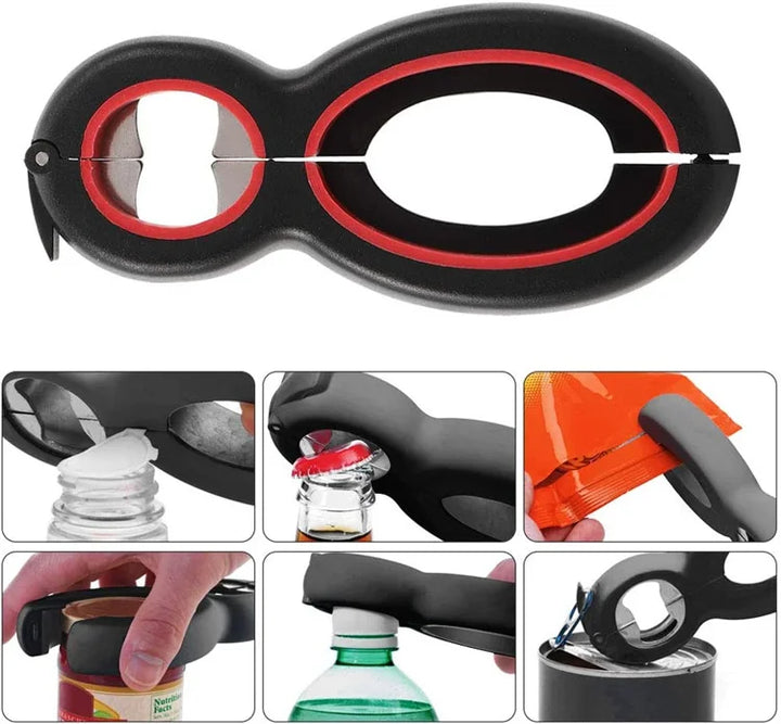 Persoon gebruikt de 6-in-1 multi opener om een fles te openen; handige keukenhulp voor snelle toegang tot inhoud.